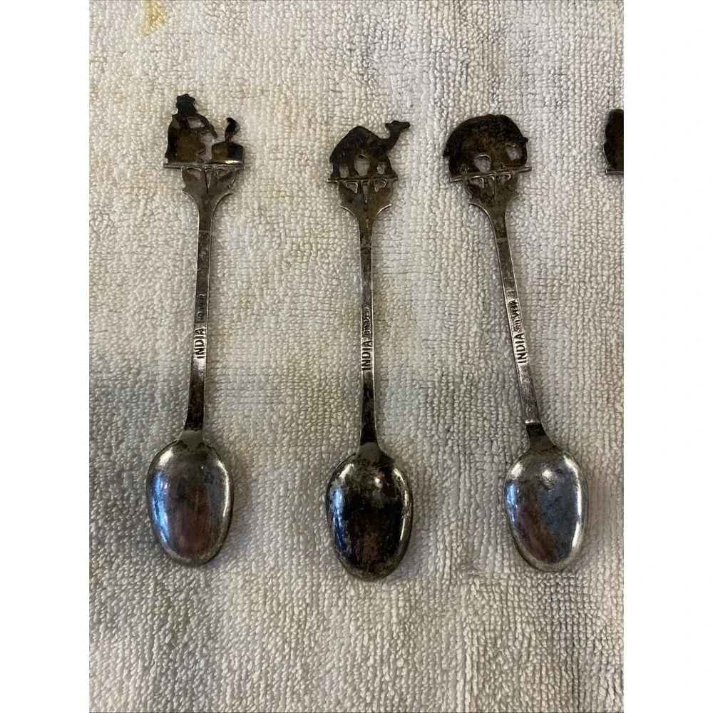 Set Of 5 Mini Spoons India Silver Camel Snake Charmer Monkeys Elephant Cobra